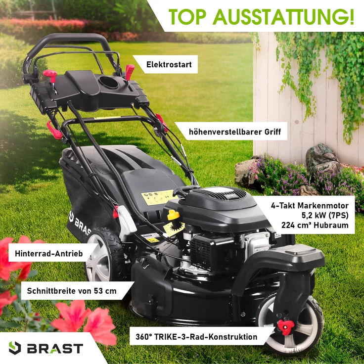 BRAST Rasenmäher Benzin Trike 5,2kW(7PS) mit Antrieb Elektrostart 53cm Schnittbreite 224ccm 4-Takt Motor TÜV geprüft Stahlgehäuse 60L Fangkorb 4-Takt Motor – Bild 4