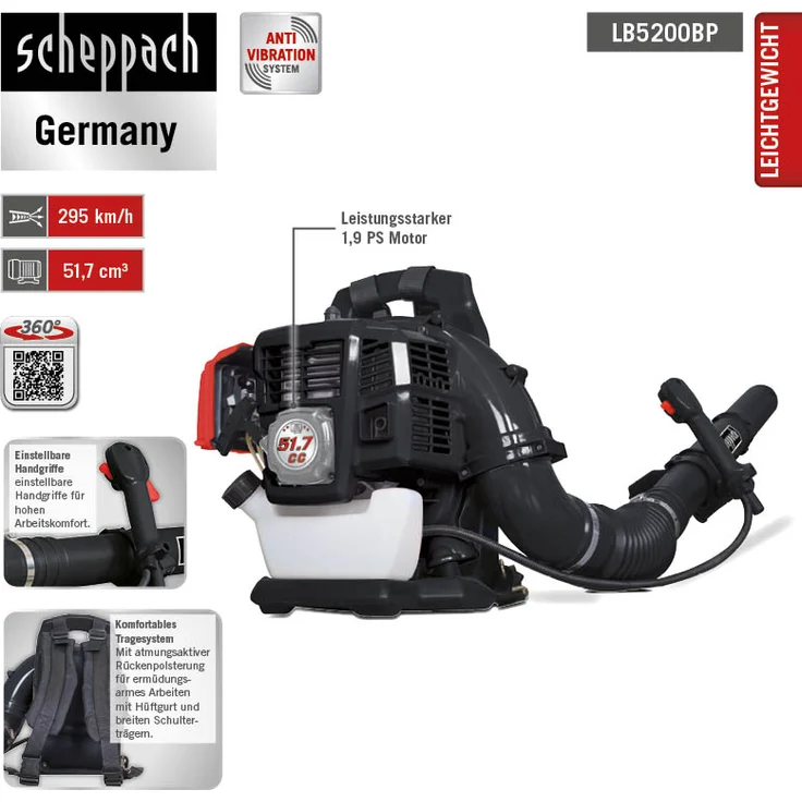 Scheppach Benzin Laubbläser LB5200BP, Anti-Vibrationssystem, 51,7 cm³ 2-Takt-Benzinmotor 1400W, Luftgeschwindigkeit 295 km/h, rückentragbar – Bild 9
