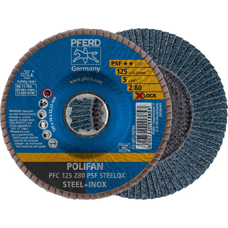 PFERD Fächerscheibe POLIFAN, 10 Stück, 125mm, Z80, X-LOCK (22,23 mm), PSF STEELOX, 67668126 – für hohe Wirtschaftlichkeit durch aggressive Zerspanung bei guter Standzeit