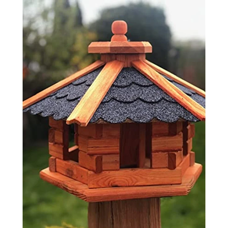 Darlux Vogelfutterhaus M Futterstelle Sechseck Vogelhaus aus Holz Braun-Blau – Bild 3