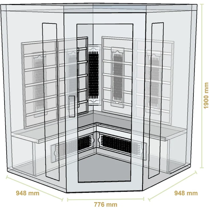 Artsauna Infrarotkabine Nyborg E150K – Infrarotsauna 4 Personen – LED-Farblicht, digitaler Steuerung, 7 Keramikstrahler, 1 Flächenstrahler – Hemlockholz, 150 x 150 x 190 cm – Bild 9