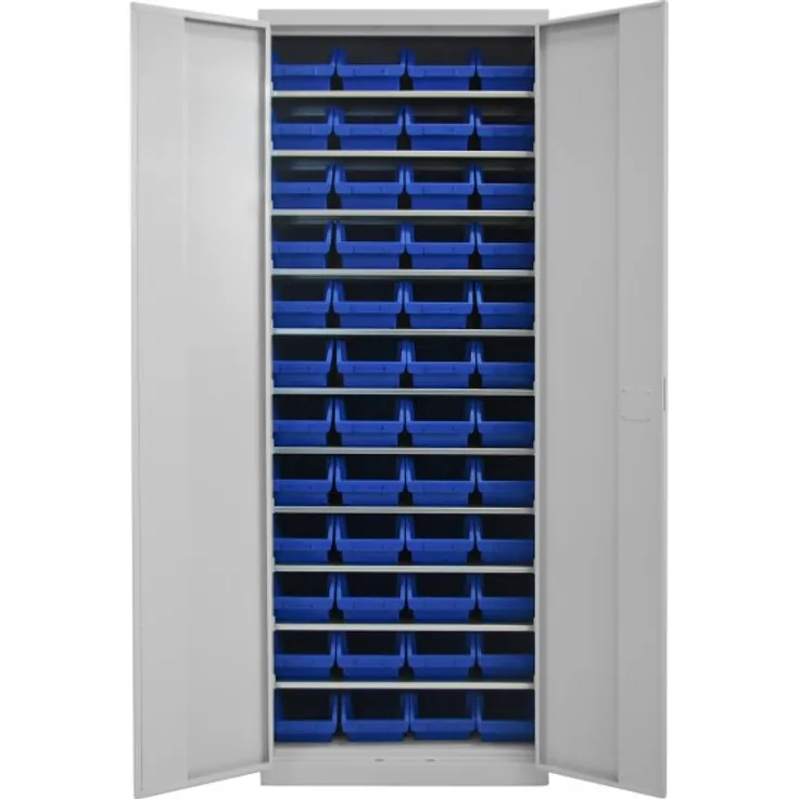 Regalschrank mit Tür, 11 Fachböden, 48 Lagersichtkästen Gr. 3 Blau