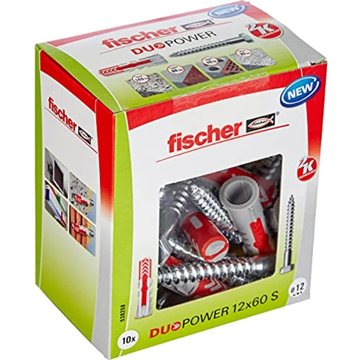 fischer DUOPOWER 12 x 60 S, Universaldübel mit Sicherheitsschraube, 2-Komponenten-Dübel, Kunststoffdübel zur Befestigung in Beton, Ziegeln, Stein, Gipskarton uvm., 10 Dübel + 10 Schrauben - Preisvergleich – Bild 1