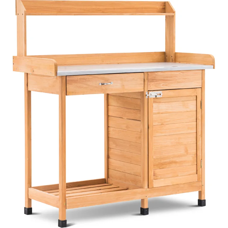 MCombo Pflanztisch Gärtnertisch Blumentisch 0440, mit verzinkt Arbeitsplatte Schublade Unterschrank, Wetterfest, Holz, natur, 101 x 45 x 121 cm