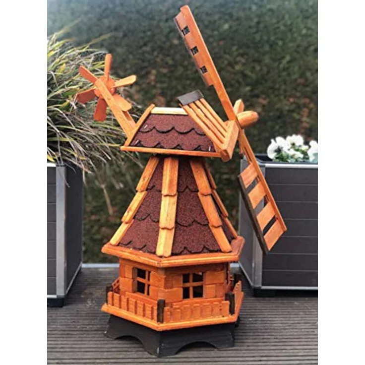 Darlux Sechseck Garten-Windmühle aus Holz kugelgelagert Braun-Rot