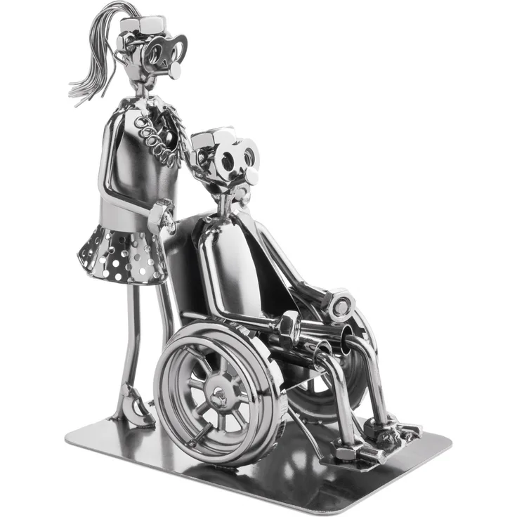 Schraubenmännchen Pflegerin mit Rollstuhlfahrer - Metallfigur Handarbeit