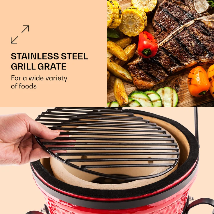 Princesize Kamado-Grill Keramikgrill Edelstahl-Grillrost Smoker BBQ rot Rot – Bild 4