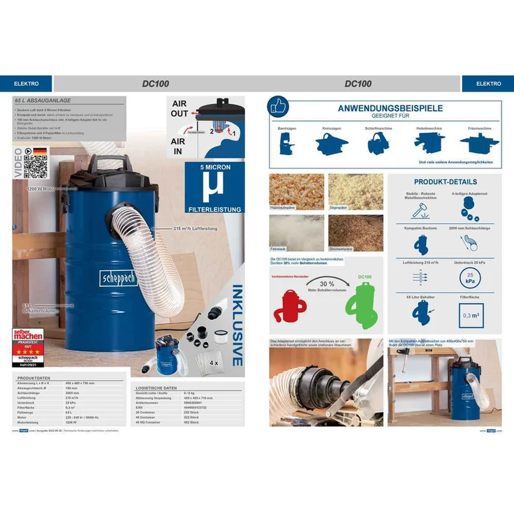 Scheppach Absauganlage DC100 inkl. Adapterset | 65 Liter Füllmenge | Metallbehälter mit Griff | 100 mm Schlauchanschluss | 1200W | Luftleistung: 215 m³/h | inkl. Filterpatrone und 4x Papierfilter – Bild 7