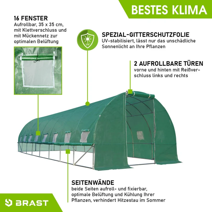 BRAST Gewächshaus Foliengewächshaus 300x800cm inkl. 6 Erdanker mit Stahlfundament aufrollbare Seitenwände schwere Qualität Folie 175g/m² – Bild 10