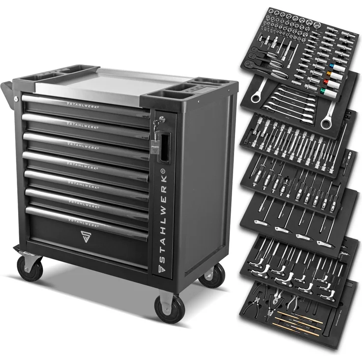 STAHLWERK Werkstattwagen Phoenix 260 mit 7 Schubladen und Seitenfach bestückt mit einem 260-teiligem Premium-Werkzeug-Sortiment aus hochwertigem Chrom-Vanadium – Bild 1