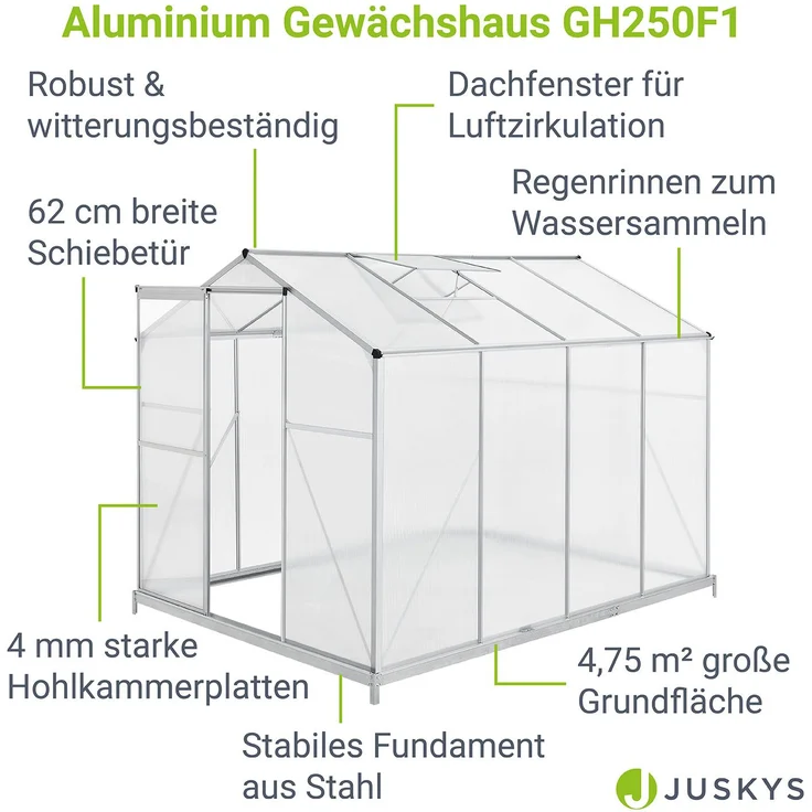 Juskys Aluminium Gewächshaus mit Fundament für Garten 4,75 qm 190 × 253 cm 1 Dachfenster und Schiebetür 4 mm Platten Juskys grau/silber Stahl – Bild 3