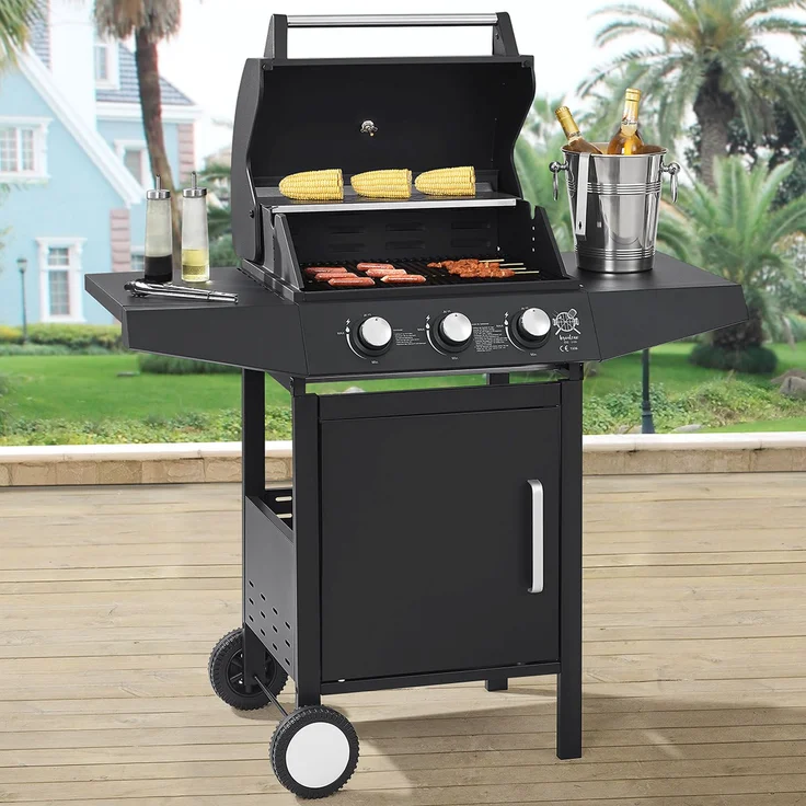Juskys BBQ Gas-Grill Louisiana 3 Brenner Stahl-Korpus Grillrost, Deckel mit Thermometer, Warmhalterost & Seitenablagen Grillwagen Griller – Bild 2