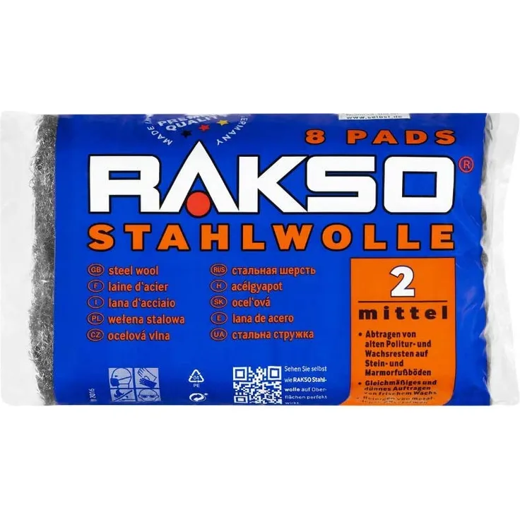 RAKSO Stahlwolle mittel 2, alte Wachs-, Politurreste abtragen, 8 Pads, 200 gramm