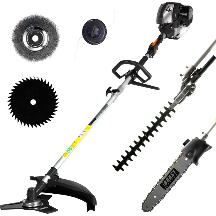BRAST 4-Takt Benzin 6in1 Motorsense Rasentrimmer Heckenschere Hochentaster Freischneider Unkrautvernichter Fugenbürste Multitool – Bild 2