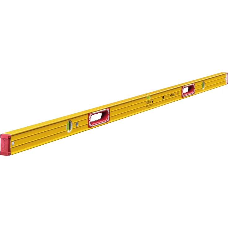STABILA Wasserwaage Type 196-2, 183 cm, extrasteifes Alu-Profil, 1 Horizontal-Libelle, 2 Vertikal-Libellen, 2 Handgriffe, stoßdämpfende Endkappen, integrierte Rutsch-Stopper, Made in Germany