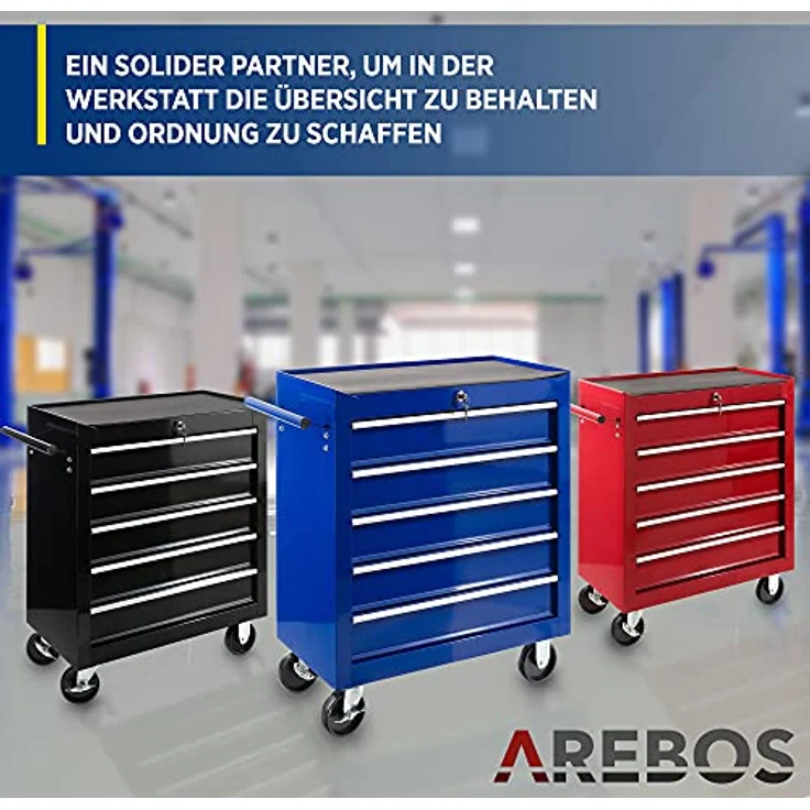 Werkstattwagen Werkzeugwagen Rollwagen Toolbox 5 Schubladen kugelgelagert - Blau - Arebos – Bild 6