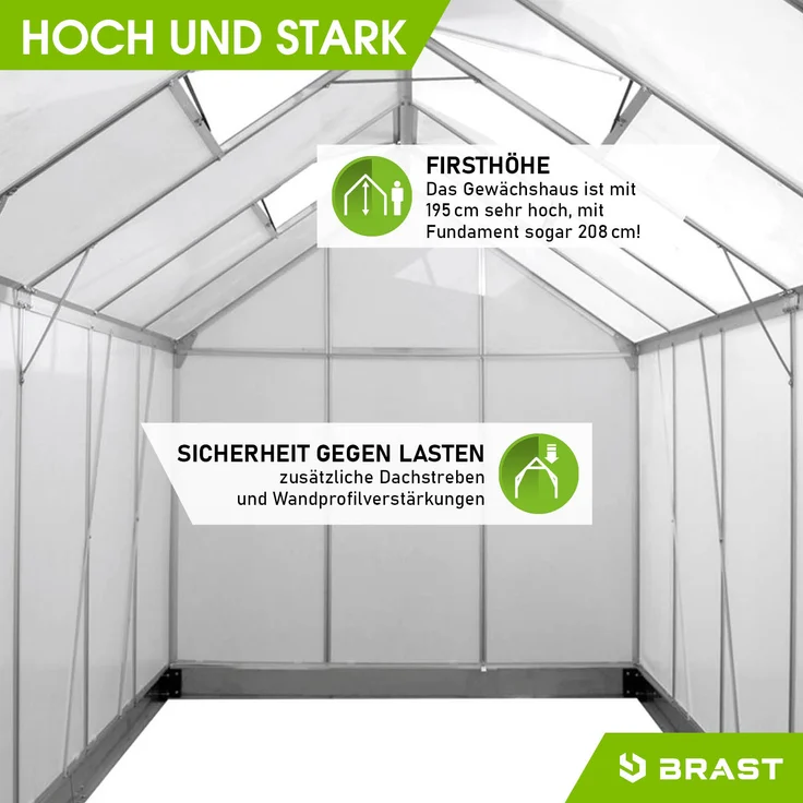 BRAST Gewächshaus Aluminium 310x190x195cm Silber mit Fundament rostfrei TÜV geprüft Alu Treibhaus Glashaus Tomatenhaus – Bild 8