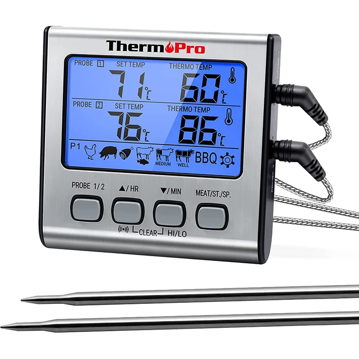 ThermoPro TP17 Digitales Grill-Thermometer Bratenthermometer Fleischthermometer Ofenthermometer mit Timer, Zwei Edelstahlsonden, Blaue Hinterbeleuchtung, Temperaturbereich bis 300°C – Bild 1