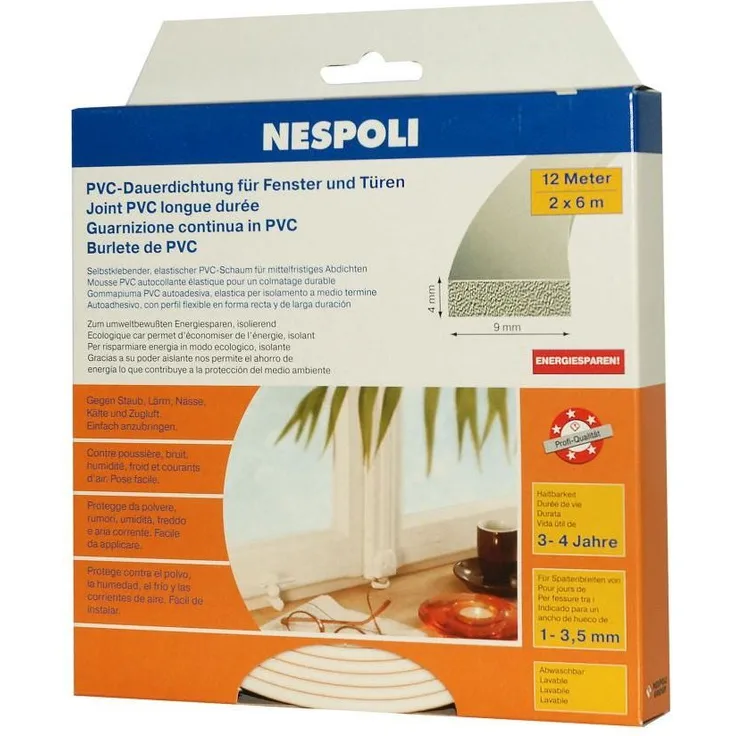 Nespoli PVC-Fenster- und Türdichtung je 6 m, 9 x 4 mm, weiß, 2 Stück
