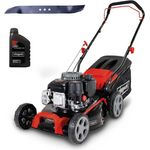 Scheppach Benzin Rasenmäher MP135-42 | Schnittbreite 42cm | 3 PS | Stahlgehäuse | Höhenverstellung in 7 Stufen (25 - 70mm) | 55 Liter Fangkorb mit Füllstandsanzeige | inkl. Motoröl & Ersatzmesser