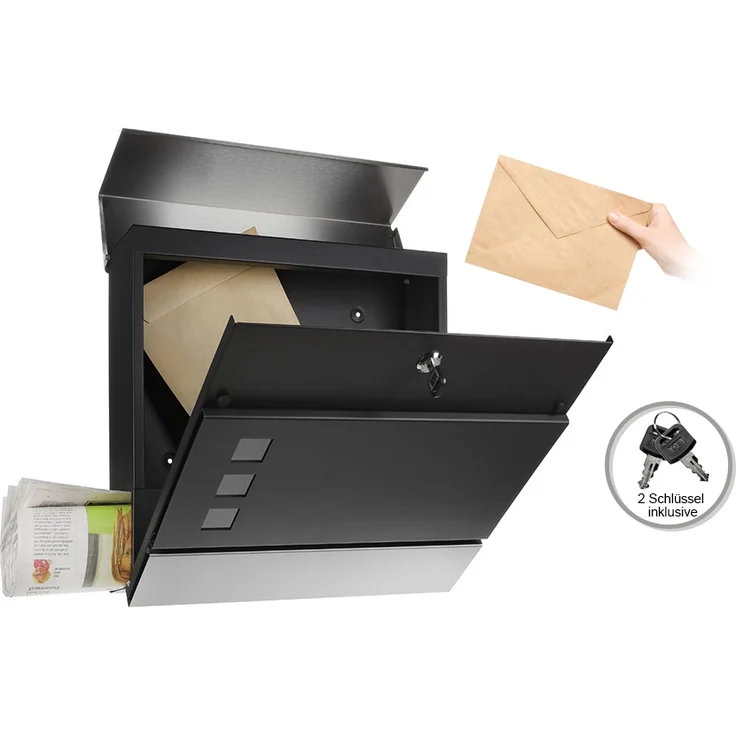 Briefkasten Edelstahl Wandbriefkasten Zeitungsfach Zeitungsrolle Namenschild Design Mailbox Kasten Postkasten Wandmontage - Edelstahl - Schwarz – Bild 3