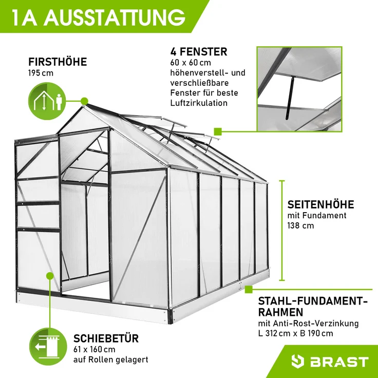 BRAST Gewächshaus Aluminium 310x190x195cm Grau mit Fundament rostfrei TÜV geprüft Alu Treibhaus Glashaus Tomatenhaus – Bild 7