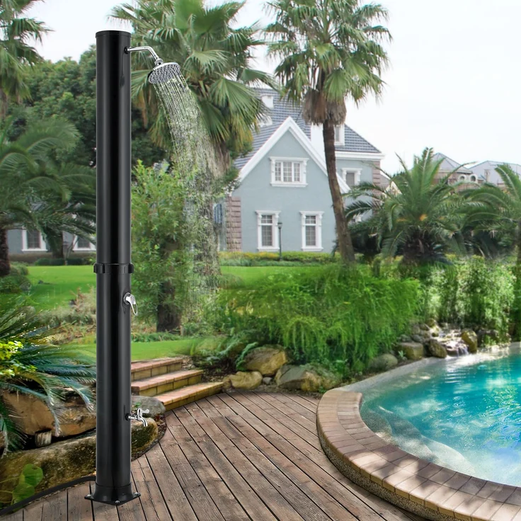 Juskys Solardusche Victoria 35 l Gartendusche mit Regendusche und Thermostat Schwarz Gartenschlauch Anbindung justierbare Duschkopf-Halterung – Bild 2