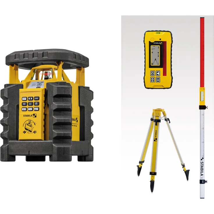 STABILA Rotationslaser LAR 350, 9-teiliges Set, selbstnivellierend, manuelle 2-Achsen-Neigung, motorgesteuert, wasser- und staubdicht nach IP 65, inkl. Receiver, Baustativ und Nivellierlatte