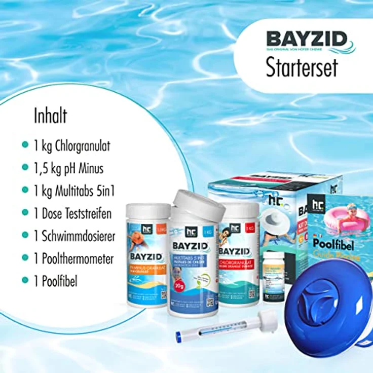 Höfer Chemie Pool Starterset 7 tlg. Wasserpflege durch Pool Chlor Granulat, PH Minus und Multitabs Poolthermometer Poolfibel Teststreifen, Langzeitchlorung und Desinfektion – Bild 3