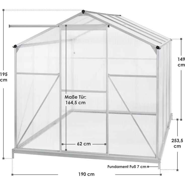 Juskys Aluminium Gewächshaus mit Fundament für Garten 4,75 qm 190 × 253 cm 1 Dachfenster und Schiebetür 4 mm Platten Juskys grau/silber Stahl – Bild 6