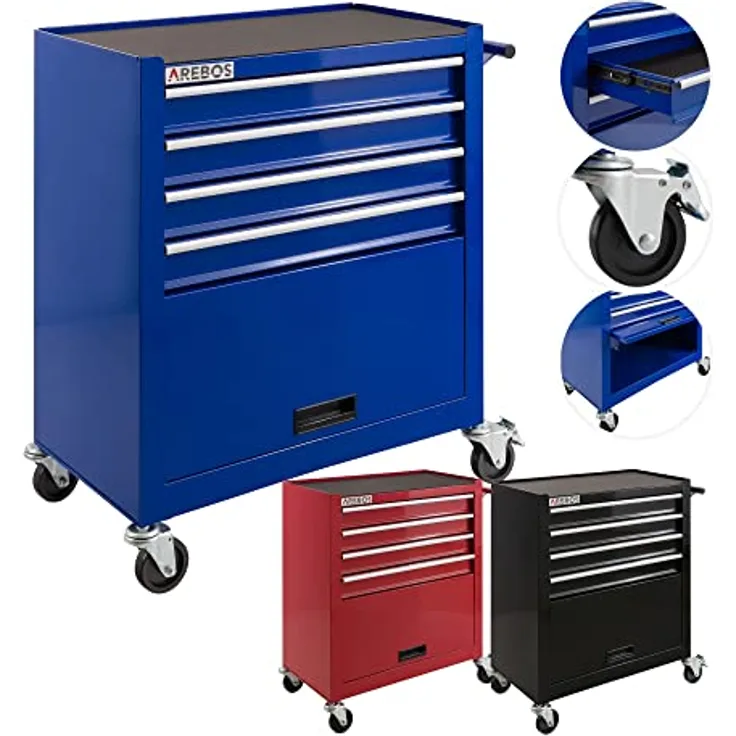 Werkstattwagen Werkzeugwagen Rollwagen Toolbox 4 Schubladen kugelgelagert - blau - Arebos