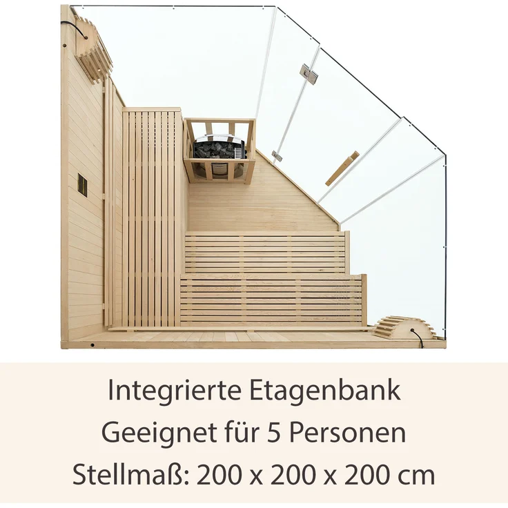 Artsauna Saunakabine Espoo200 Premium mit Harvia Ofen – 5 Personen – Hemlock Holz, Glasfront und LED Licht – Inkl. Thermometer & Sanduhr –Komplett Set – Bild 4