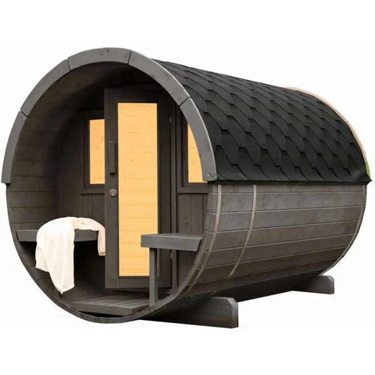Wolff Finnhaus Saunafass Basic 280 montiert DS schwarz Anstrich Hellgrau 205x280 cm