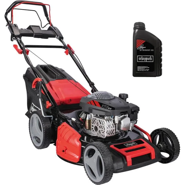 Scheppach MS173-51E Benzin-Rasenmäher - 51 cm Schnittbreite, E-Start, Reinigungsfunktion, 65l Fangkorb, 7-stufige Höhenverstellung, Mulchfunktion, Radantrieb, Seitenauswurf, inkl. Motoröl
