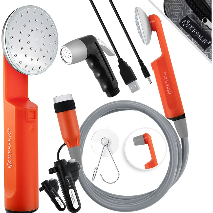 KESSER Campingdusche mit Akku Tauchpumpe Handbrause 2x 2200mAh-Lithium-Akku, USB-Ladekabel , für Camping Garten - Auto - Outdoor , Hundedusche , Autoreinigung , Inkl. Tragetasche, 12V Pumpe Schwarz - Orange - Preisvergleich – Bild 1