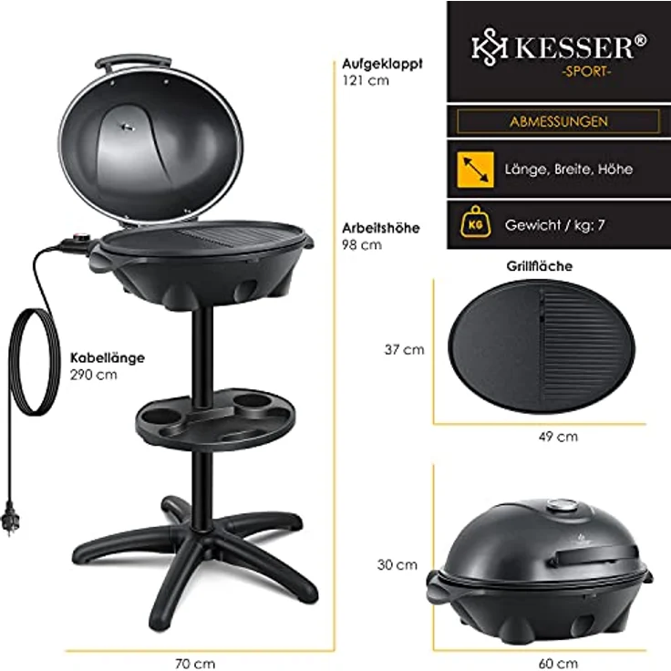 KESSER elektrischer Elektrogrill 2in1 Tischgrill - Standgrill mit Deckel Standfuß max. 2400 Watt Thermometer Antihaftbeschichtung XXL Grillplatte integrierte Ablagefläche Elektro-Säulengrill Schwarz – Bild 8