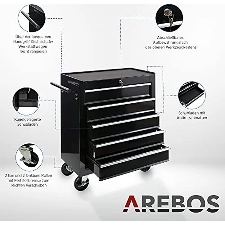 Werkstattwagen Werkzeugwagen Rollwagen Toolbox 5 Schubladen kugelgelagert - Schwarz - Arebos – Bild 4