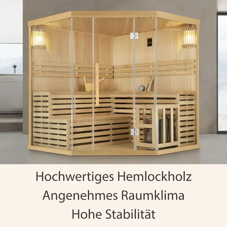 Artsauna Saunakabine Espoo200 Premium mit Harvia Ofen – 5 Personen – Hemlock Holz, Glasfront und LED Licht – Inkl. Thermometer & Sanduhr –Komplett Set – Bild 3