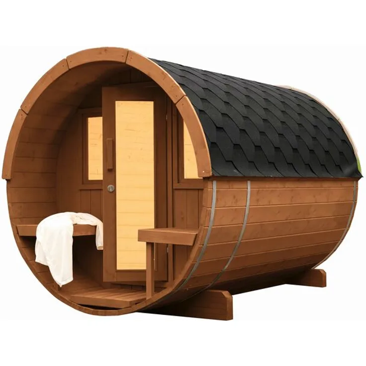 Wolff Finnhaus Saunafass Basic 280 montiert DS schwarz Anstrich Walnuss 205x280 cm