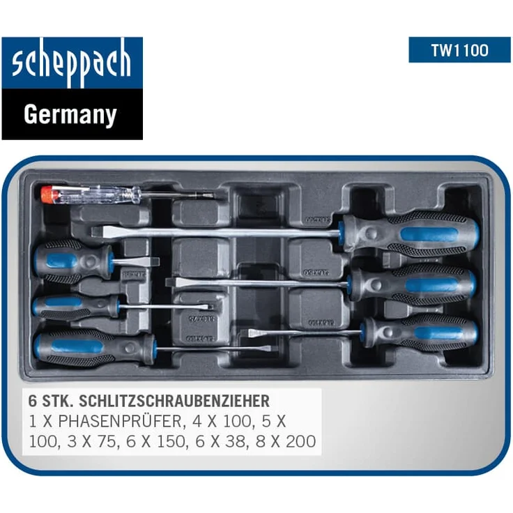 Scheppach Werkstattwagen TW1100 Werkzeugwagen Werkzeugkasten mit 4 Rollen | 7 Schubladen - inklusive 70-TLG. Werkzeugset | abschließbar und mobil – Bild 6