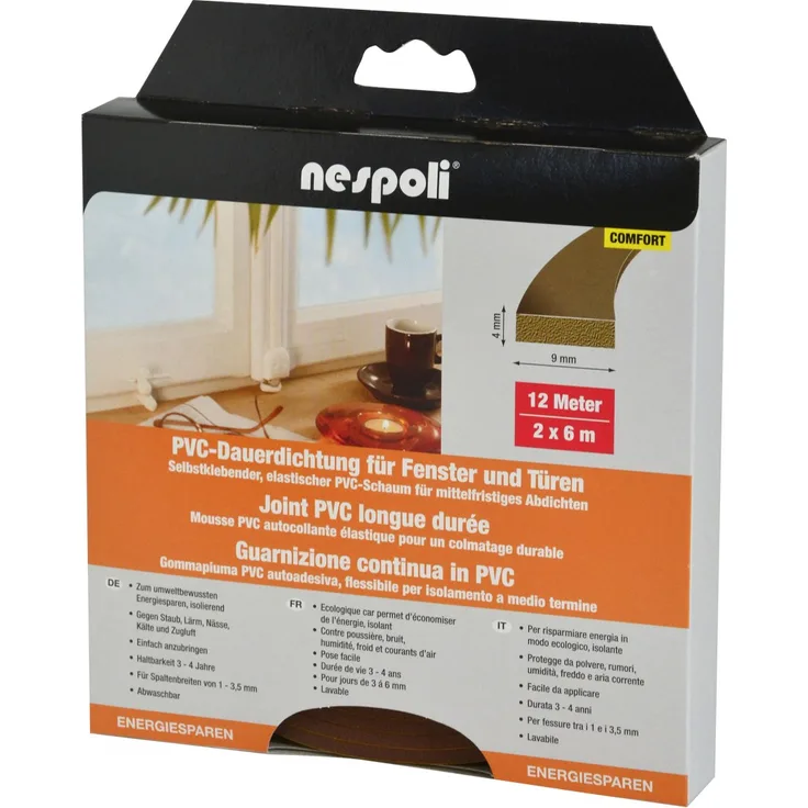 Nespoli PVC-Fenster- und Türdichtung je 6 m, 9 x 4 mm, braun, 2 Stück