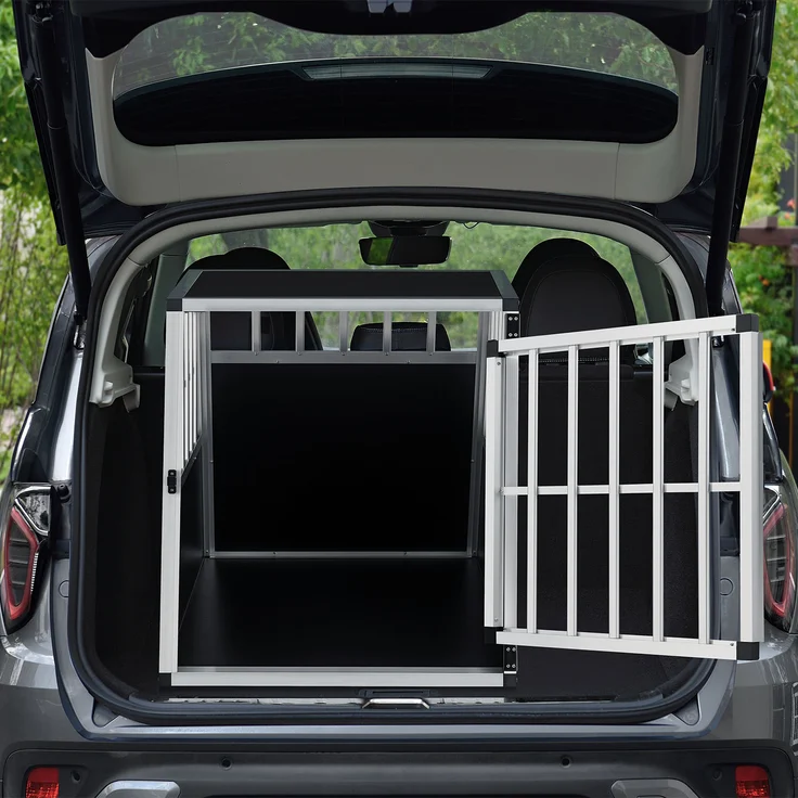 Juskys Alu Hundetransportbox L-X - 65×91×69 cm – Auto Hundebox robust & pflegeleicht – Gittertür verschließbar – Aluminium Reisebox für Hunde – Bild 2
