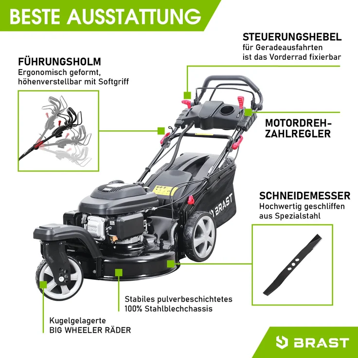 BRAST Rasenmäher Benzin Trike 5,2kW(7PS) mit Antrieb Elektrostart 53cm Schnittbreite 224ccm 4-Takt Motor TÜV geprüft Stahlgehäuse 60L Fangkorb 4-Takt Motor – Bild 10
