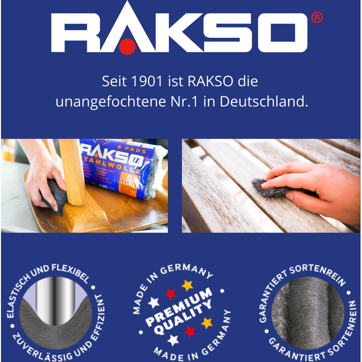 RAKSO Stahlwolle grob 3, verstärkt natürliche Maserung von Holz, 8 Pads 200g