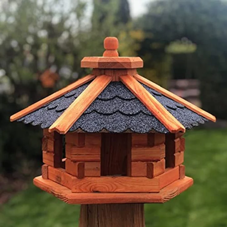 Darlux Vogelfutterhaus M Futterstelle Sechseck Vogelhaus aus Holz Braun-Blau – Bild 1