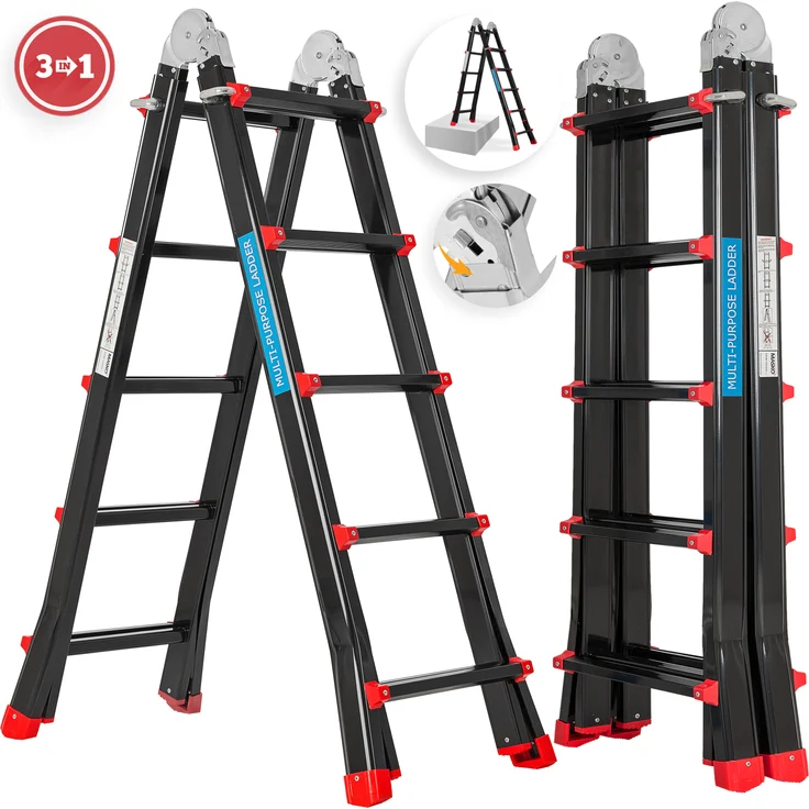 Masko Aluminium Teleskopleiter Multifunktionsleiter Aluleiter Klappleiter Anlegeleiter 5.10m - 4x5 Sprossen Black-Rot – Bild 1