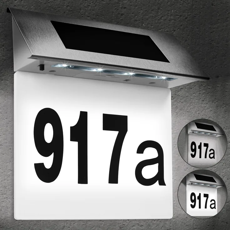 Solarhausnummer aus Edelstahl mit 4 starken LEDs