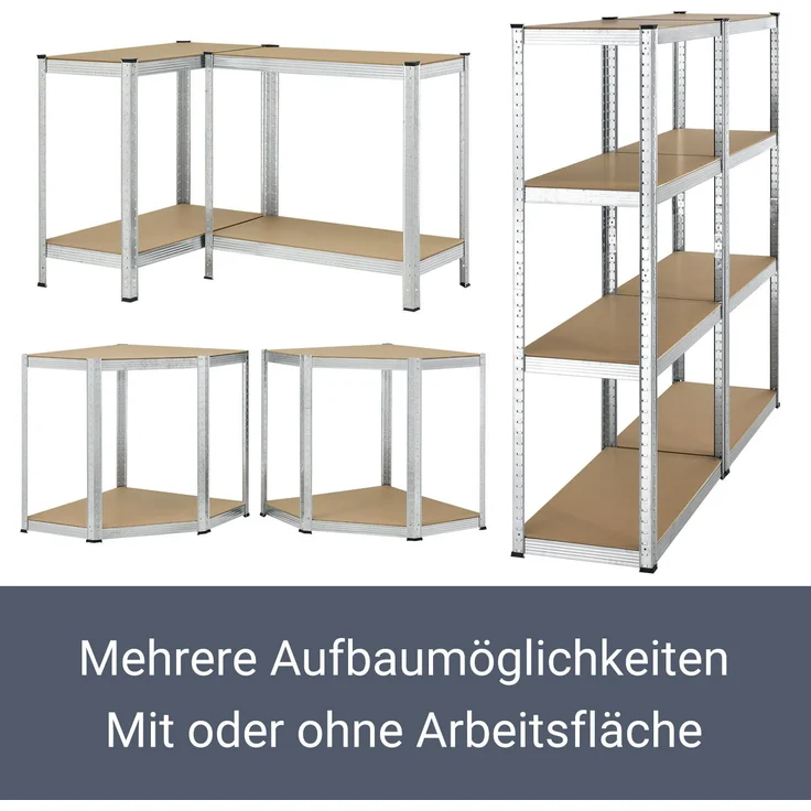 3er Metall Regalsystem Easy | 1 Eckregal & 2 Lagerregale | 12 MDF Holz Böden | 960 kg | verzinkt | Stecksystem | Schwerlastregal Steckregal | Juskys – Bild 6