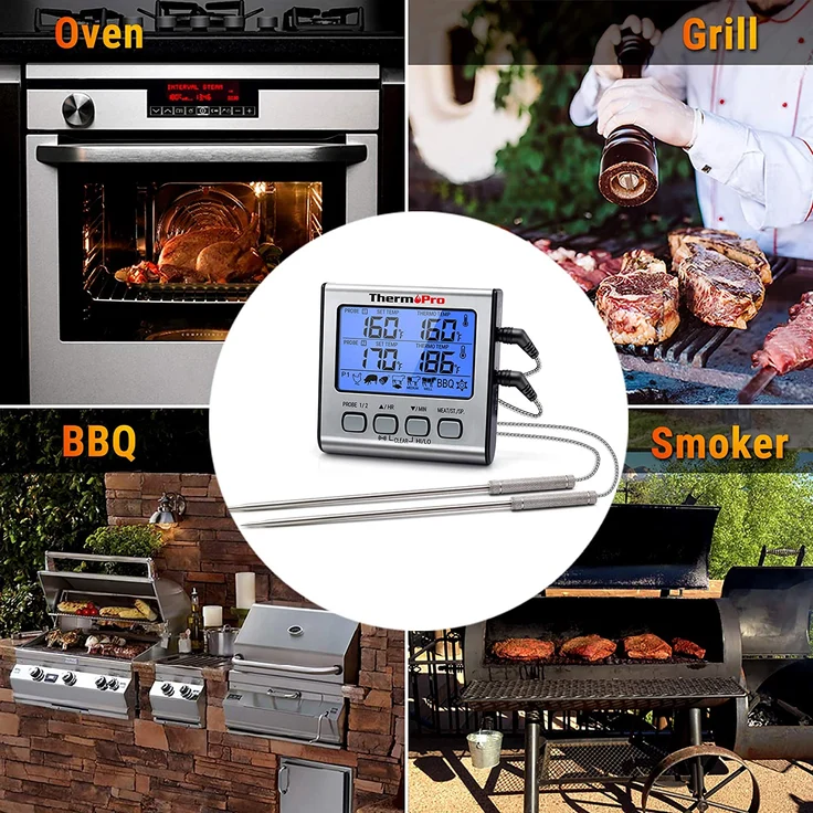 ThermoPro TP17 Digitales Grill-Thermometer Bratenthermometer Fleischthermometer Ofenthermometer mit Timer, Zwei Edelstahlsonden, Blaue Hinterbeleuchtung, Temperaturbereich bis 300°C – Bild 2