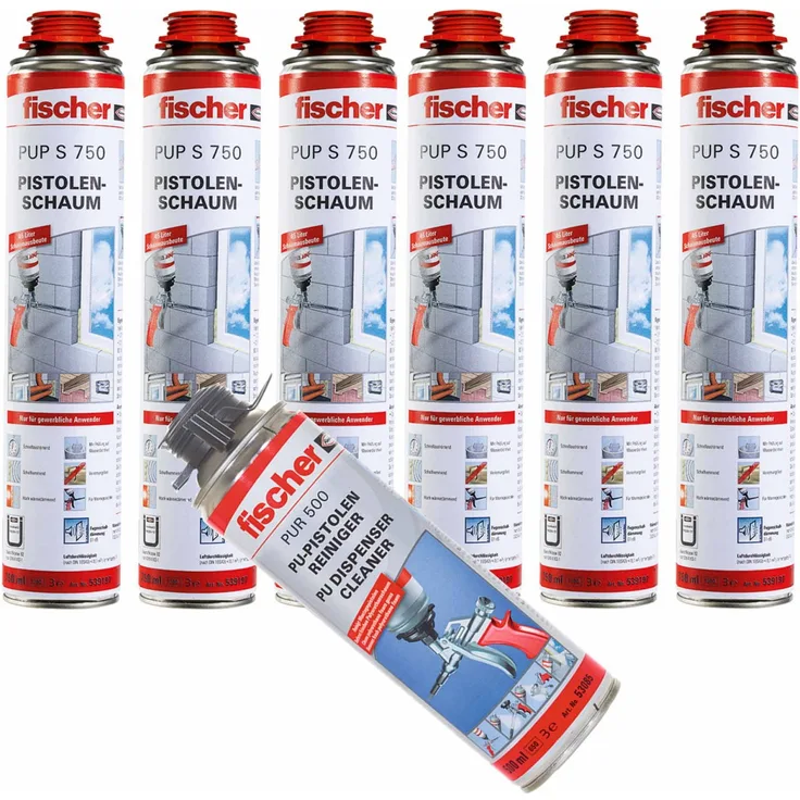 6x Fischer 1K Pistolenschaum PUP S 750ml B2 + PUR500 500ml Reiniger